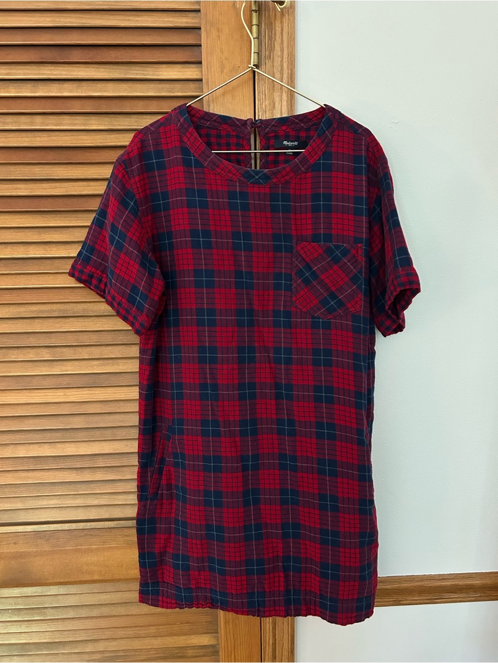 Madewell Red and Navy Plaid Short-Sleeve Dress